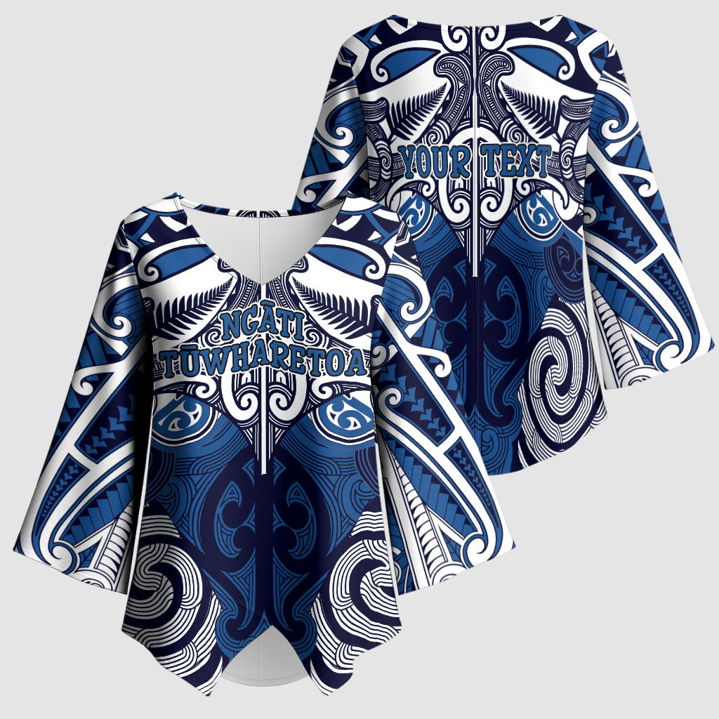 Personalised Maori Ngati Tuwharetoa Kimono Sleeve Blouse Silver Fern Kowhaiwhai Art