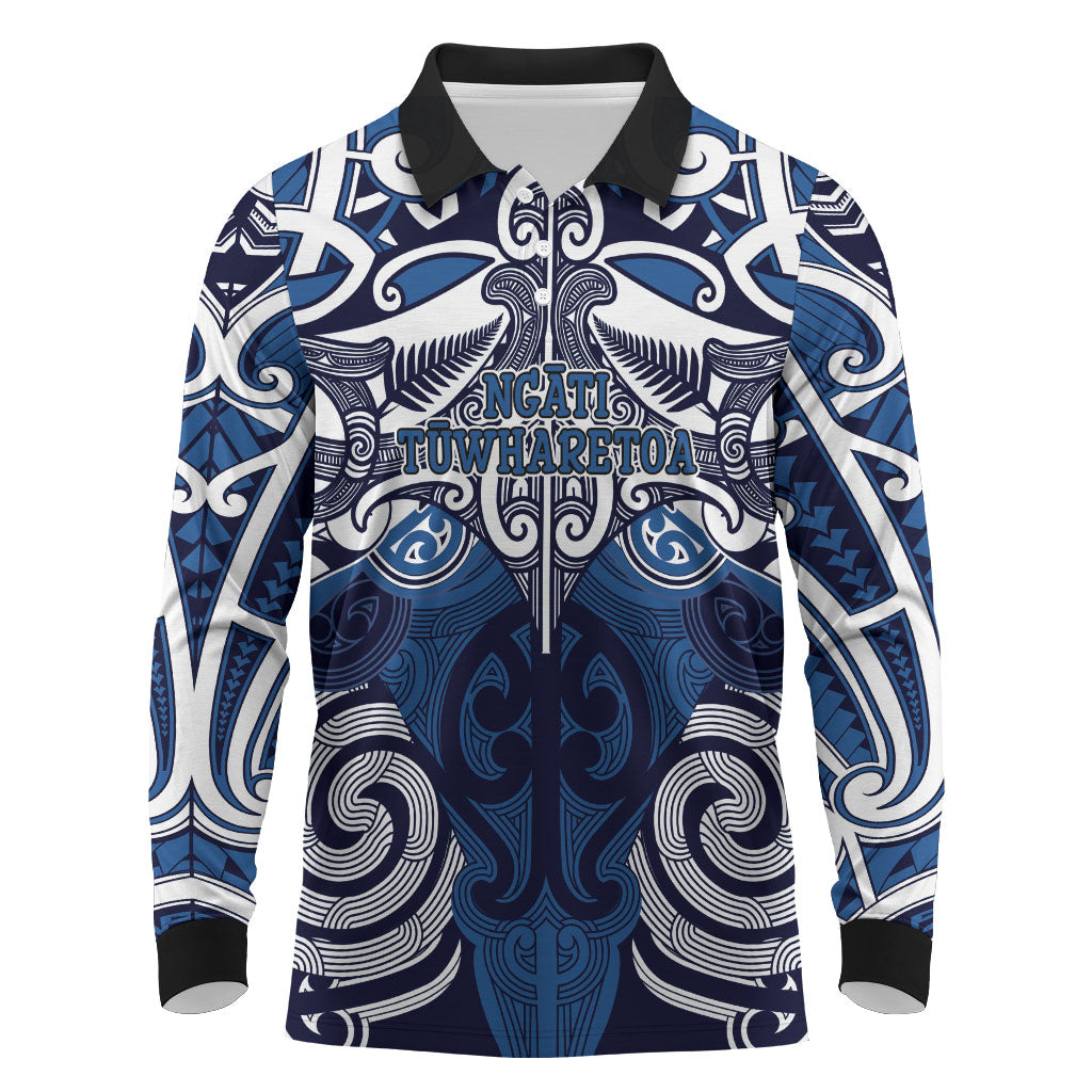 Personalised Maori Ngati Tuwharetoa Long Sleeve Polo Shirt Silver Fern Kowhaiwhai Art