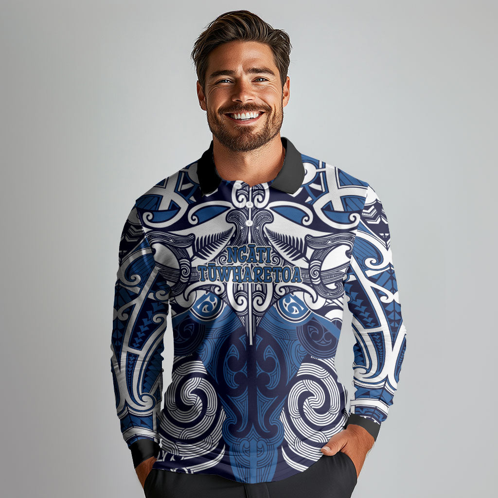 Personalised Maori Ngati Tuwharetoa Long Sleeve Polo Shirt Silver Fern Kowhaiwhai Art
