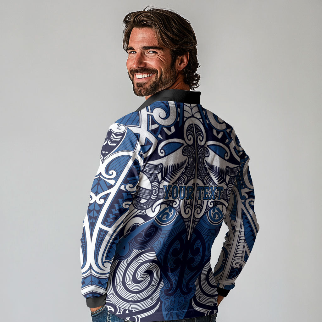 Personalised Maori Ngati Tuwharetoa Long Sleeve Polo Shirt Silver Fern Kowhaiwhai Art