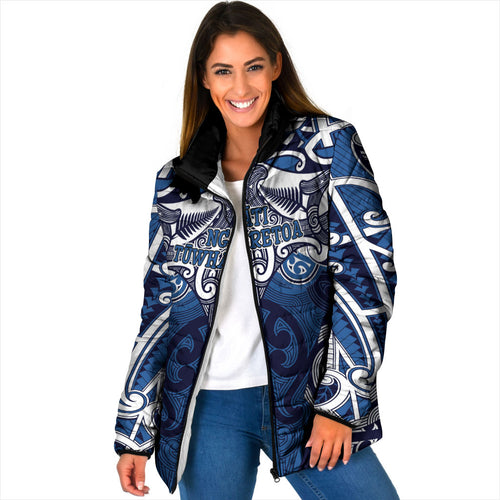 Personalised Maori Ngati Tuwharetoa Padded Jacket Silver Fern Kowhaiwhai Art