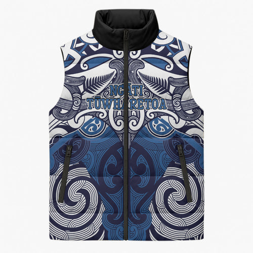 Personalised Maori Ngati Tuwharetoa Sleeveless Puffer Jacket Silver Fern Kowhaiwhai Art