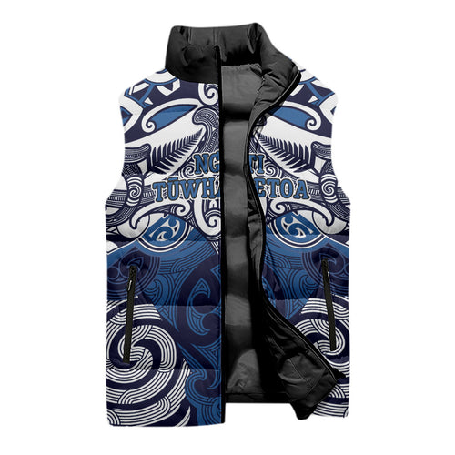 Personalised Maori Ngati Tuwharetoa Sleeveless Puffer Jacket Silver Fern Kowhaiwhai Art