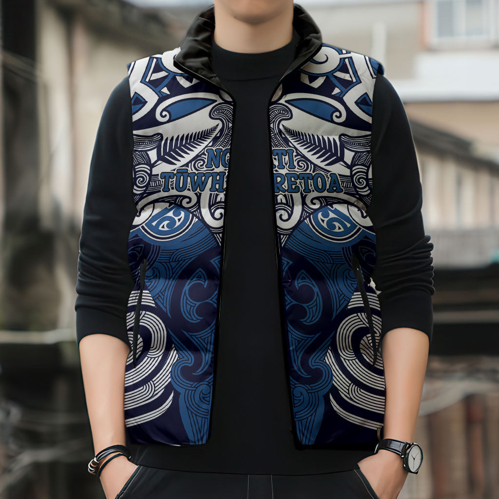 Personalised Maori Ngati Tuwharetoa Sleeveless Puffer Jacket Silver Fern Kowhaiwhai Art