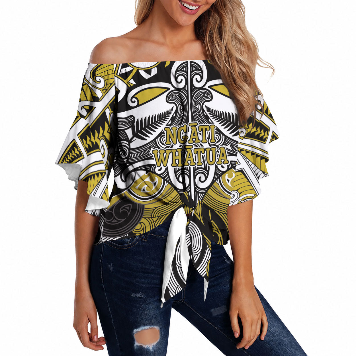 Personalised Maori Ngati Whatua Off Shoulder Wrap Waist Top Silver Fern Kowhaiwhai Art