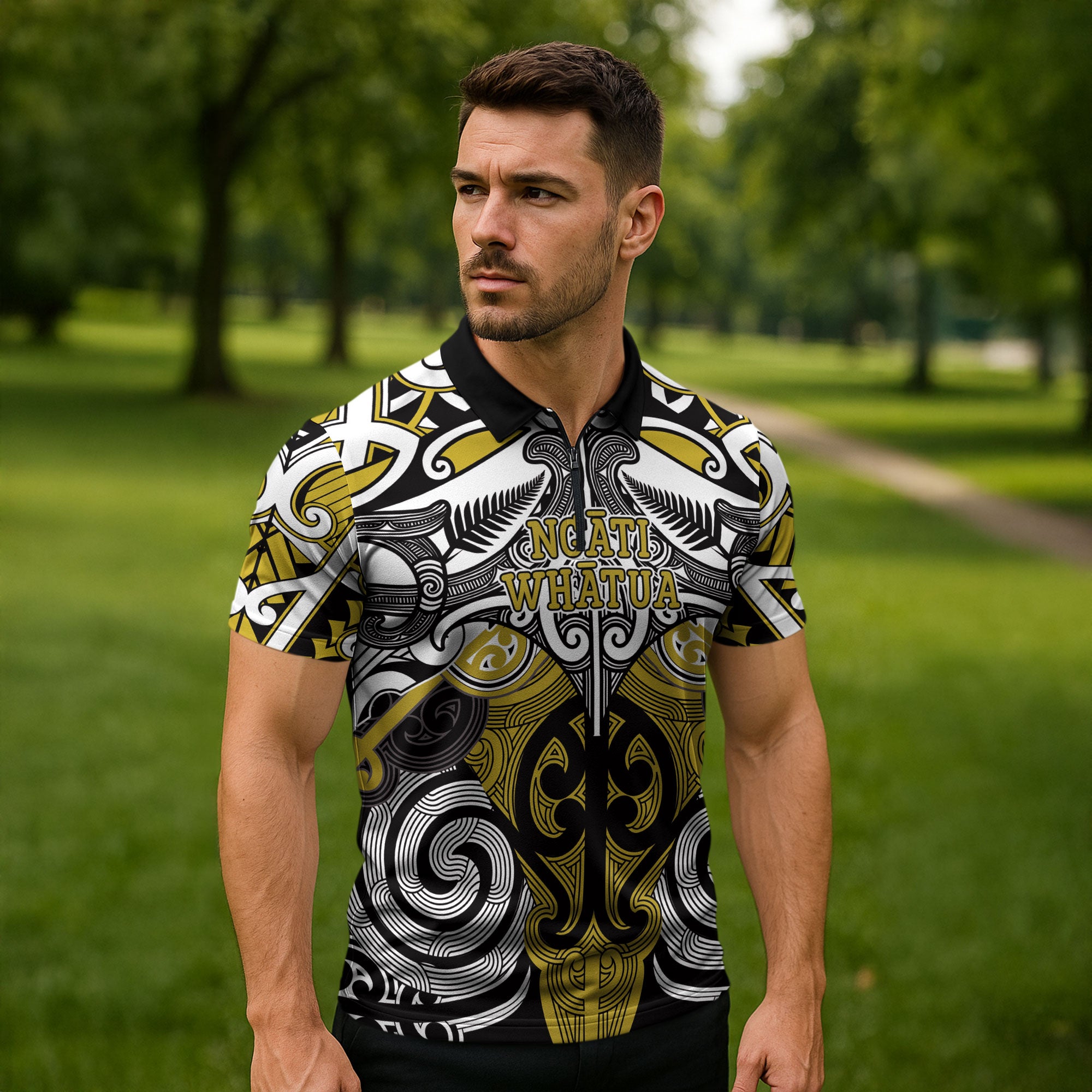 Personalised Maori Ngati Whatua Zipper Polo Shirt Silver Fern Kowhaiwhai Art