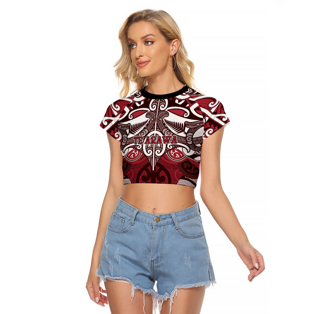 Personalised Maori Te Arawa Raglan Cropped T Shirt Silver Fern Kowhaiwhai Art