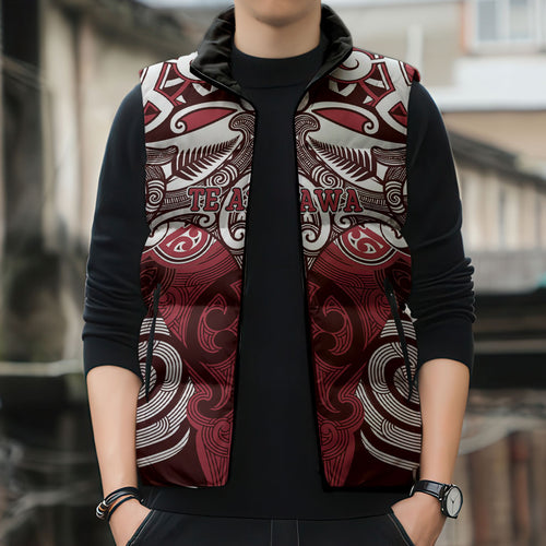 Personalised Maori Te Arawa Sleeveless Puffer Jacket Silver Fern Kowhaiwhai Art