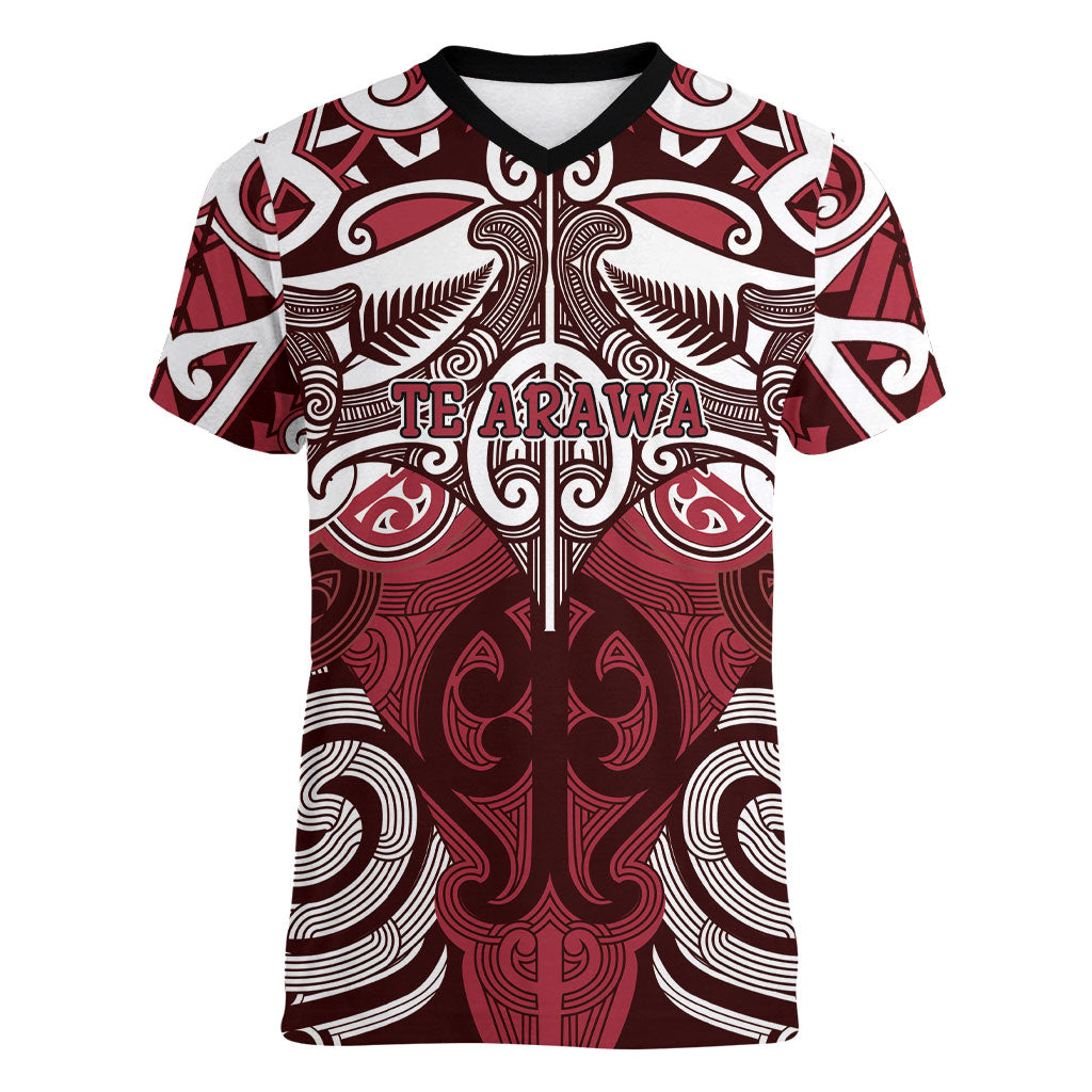 Personalised Maori Te Arawa Women V-Neck T-Shirt Silver Fern Kowhaiwhai Art