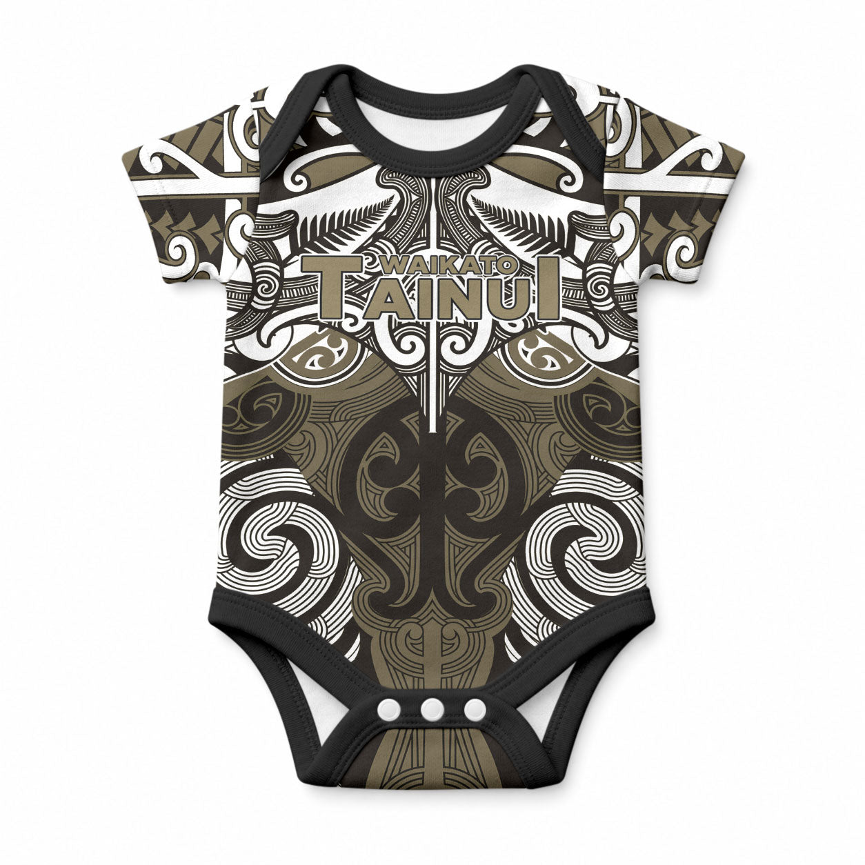 Personalised Maori Waikato Tainui Baby Onesie Silver Fern Kowhaiwhai Art