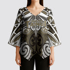 Personalised Maori Waikato Tainui Kimono Sleeve Blouse Silver Fern Kowhaiwhai Art