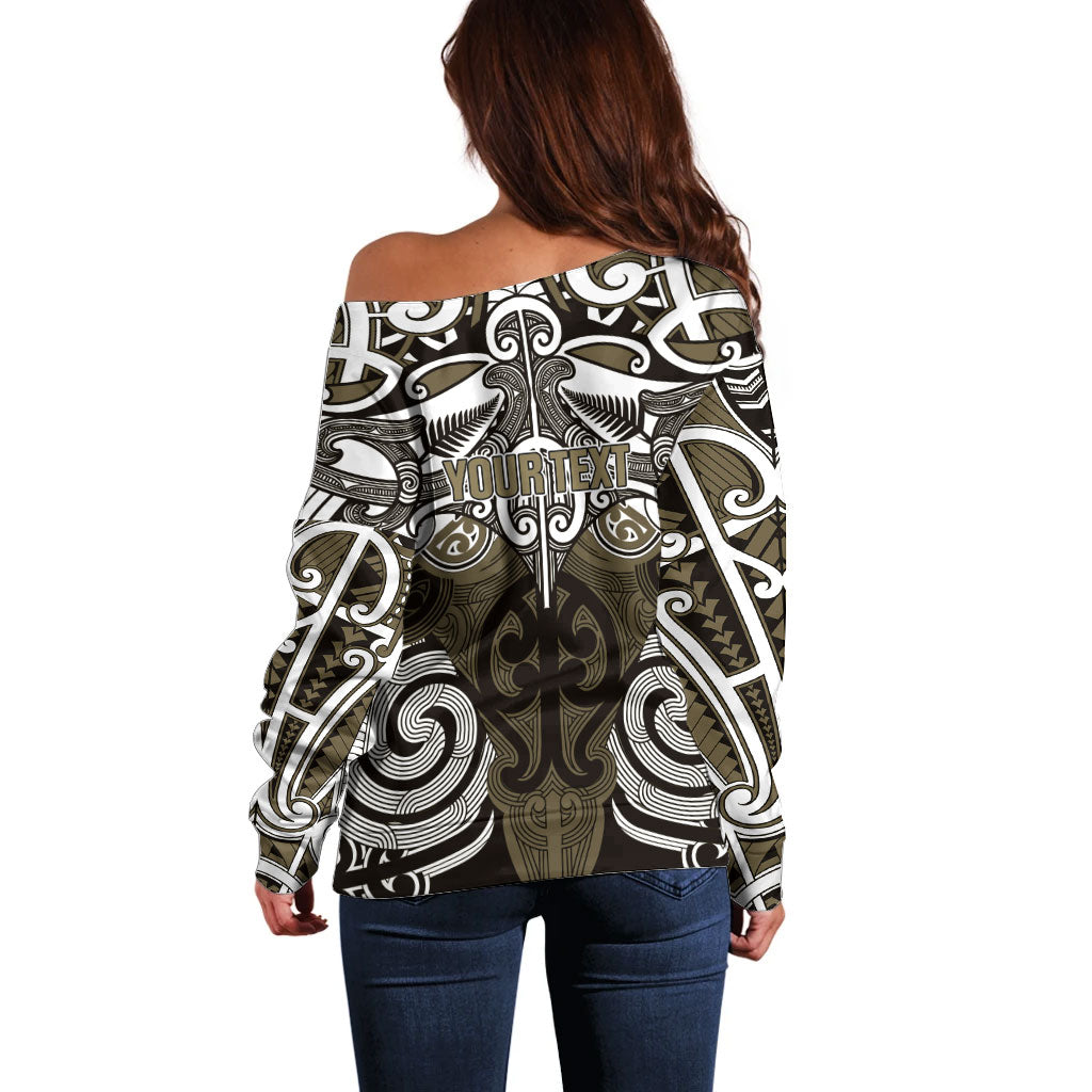 Personalised Maori Waikato Tainui Off Shoulder Sweater Silver Fern Kowhaiwhai Art