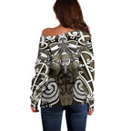 Personalised Maori Waikato Tainui Off Shoulder Sweater Silver Fern Kowhaiwhai Art