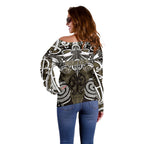 Personalised Maori Waikato Tainui Off Shoulder Sweater Silver Fern Kowhaiwhai Art