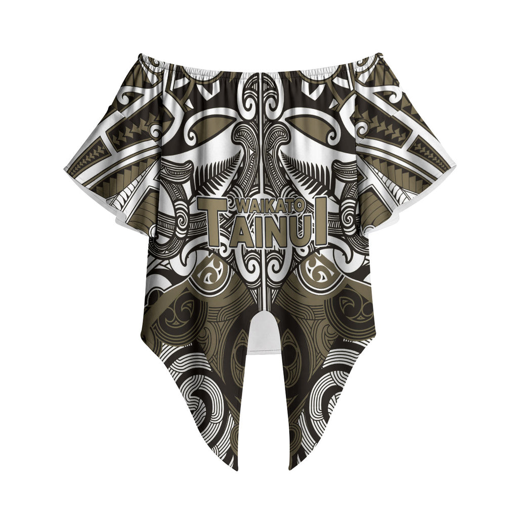 Personalised Maori Waikato Tainui Off Shoulder Wrap Waist Top Silver Fern Kowhaiwhai Art