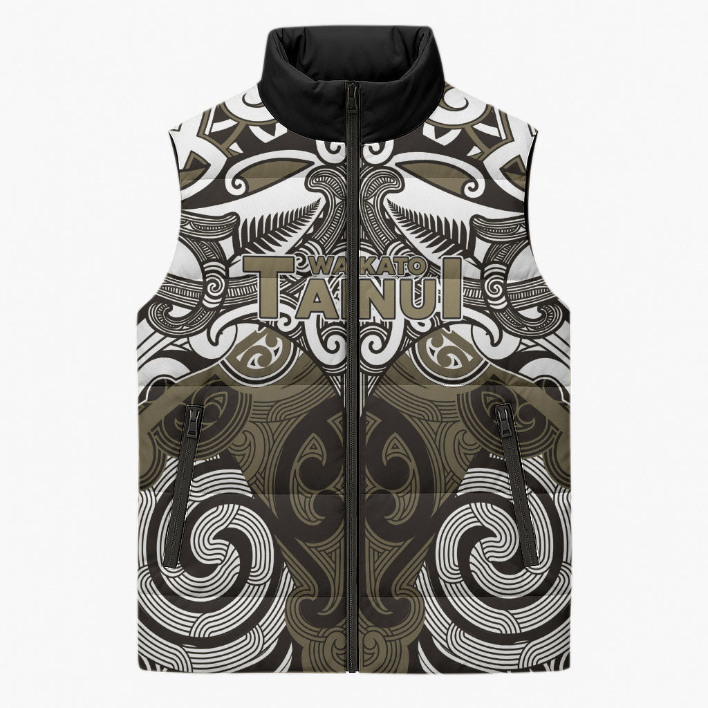 Personalised Maori Waikato Tainui Sleeveless Puffer Jacket Silver Fern Kowhaiwhai Art