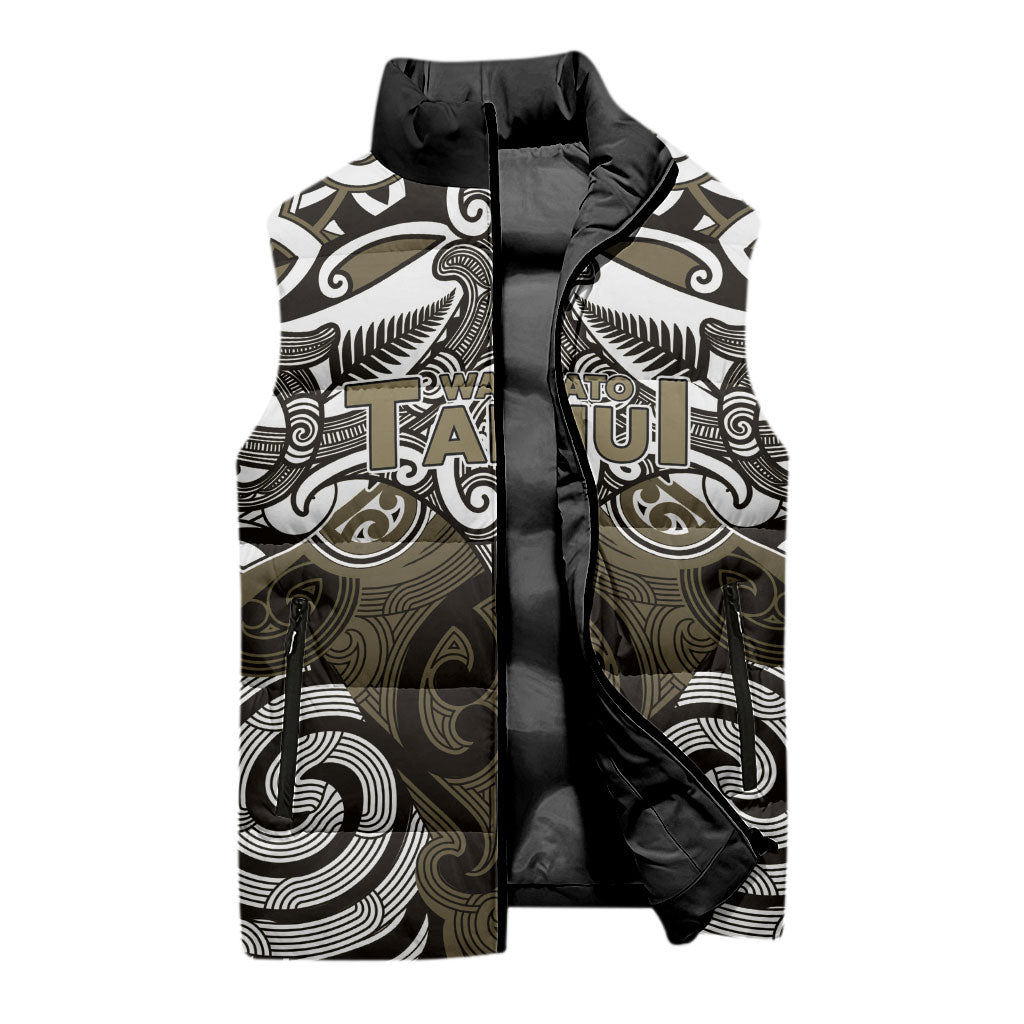 Personalised Maori Waikato Tainui Sleeveless Puffer Jacket Silver Fern Kowhaiwhai Art