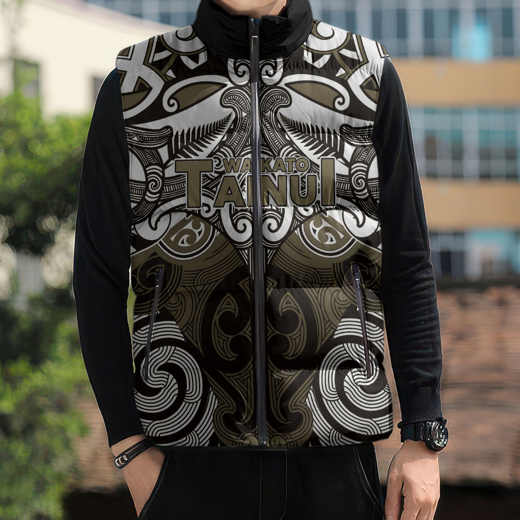 Personalised Maori Waikato Tainui Sleeveless Puffer Jacket Silver Fern Kowhaiwhai Art
