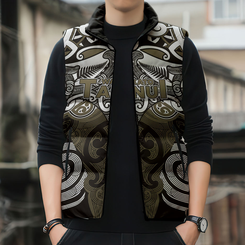 Personalised Maori Waikato Tainui Sleeveless Puffer Jacket Silver Fern Kowhaiwhai Art