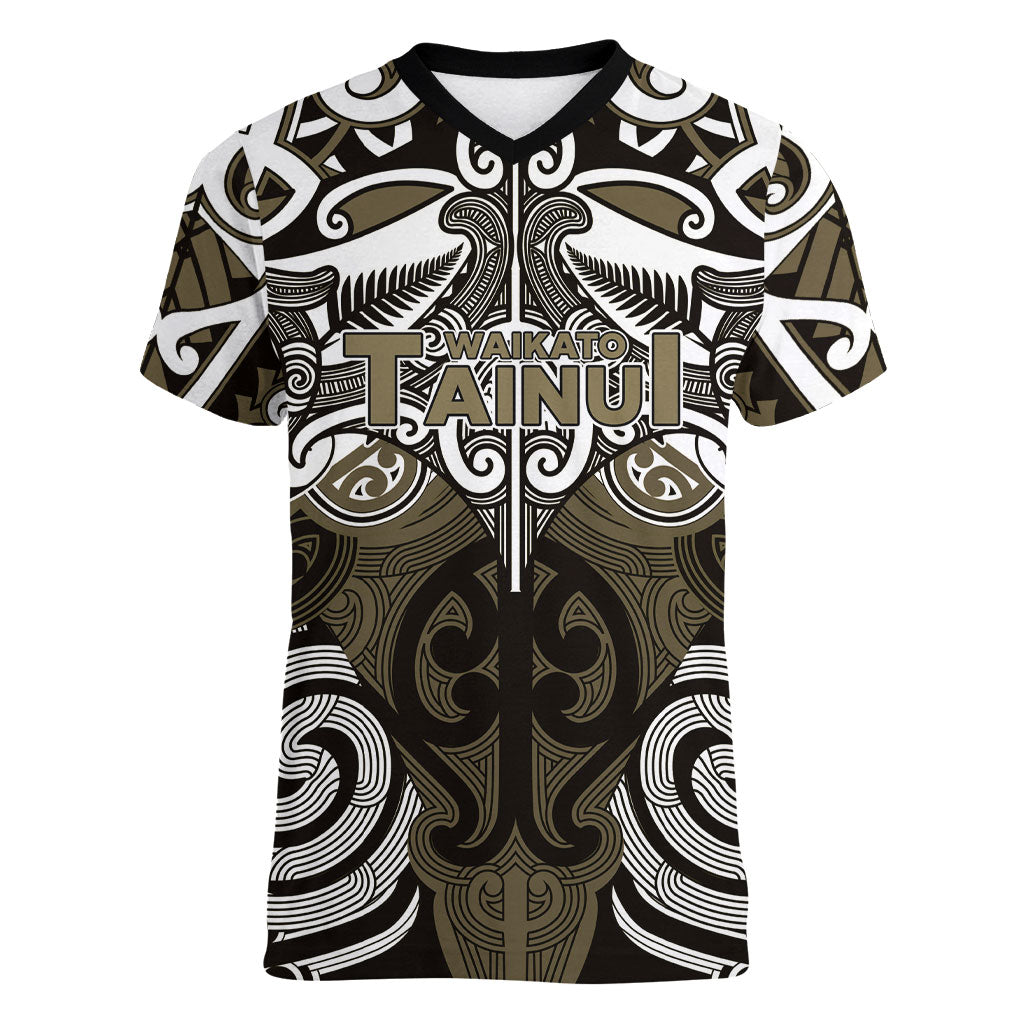 Personalised Maori Waikato Tainui Women V-Neck T-Shirt Silver Fern Kowhaiwhai Art
