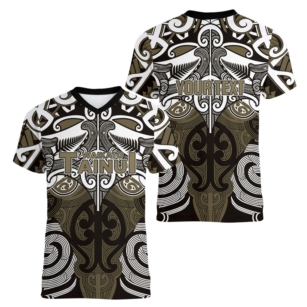 Personalised Maori Waikato Tainui Women V-Neck T-Shirt Silver Fern Kowhaiwhai Art