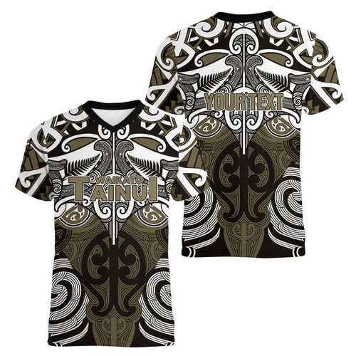 Personalised Maori Waikato Tainui Women V-Neck T-Shirt Silver Fern Kowhaiwhai Art