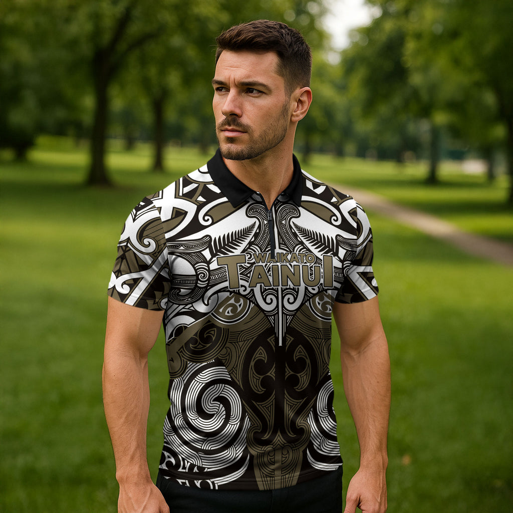 Personalised Maori Waikato Tainui Zipper Polo Shirt Silver Fern Kowhaiwhai Art
