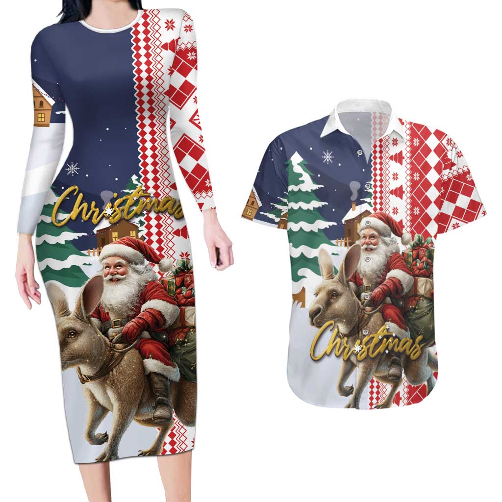 Kangaroo Australia Christmas Couples Matching Long Sleeve Bodycon Dress and Hawaiian Shirt Xmas Pattern
