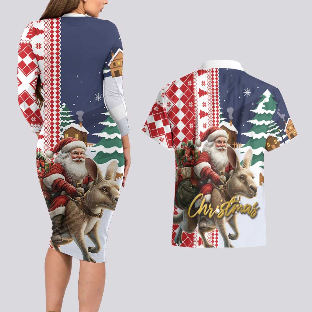 Kangaroo Australia Christmas Couples Matching Long Sleeve Bodycon Dress and Hawaiian Shirt Xmas Pattern