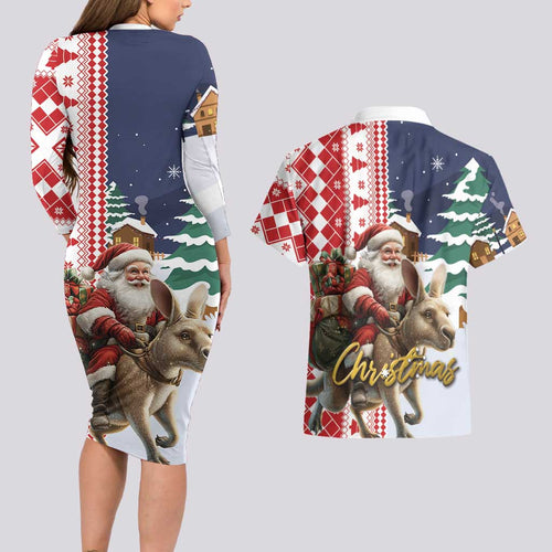 Kangaroo Australia Christmas Couples Matching Long Sleeve Bodycon Dress and Hawaiian Shirt Xmas Pattern