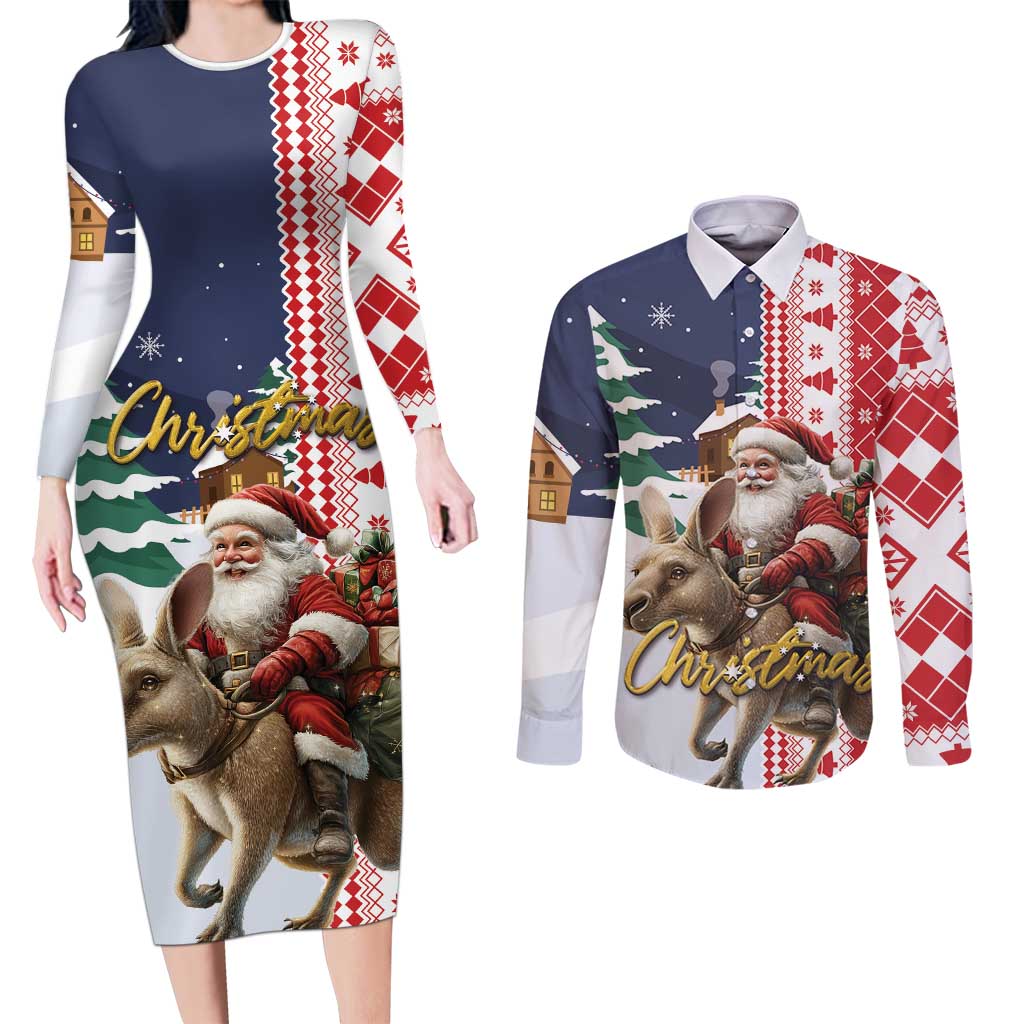 Kangaroo Australia Christmas Couples Matching Long Sleeve Bodycon Dress and Long Sleeve Button Shirt Xmas Pattern