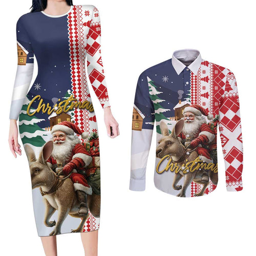 Kangaroo Australia Christmas Couples Matching Long Sleeve Bodycon Dress and Long Sleeve Button Shirt Xmas Pattern