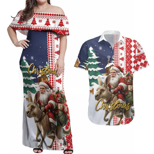 Kangaroo Australia Christmas Couples Matching Off Shoulder Maxi Dress and Hawaiian Shirt Xmas Pattern