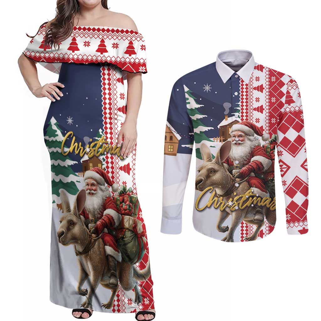 Kangaroo Australia Christmas Couples Matching Off Shoulder Maxi Dress and Long Sleeve Button Shirt Xmas Pattern