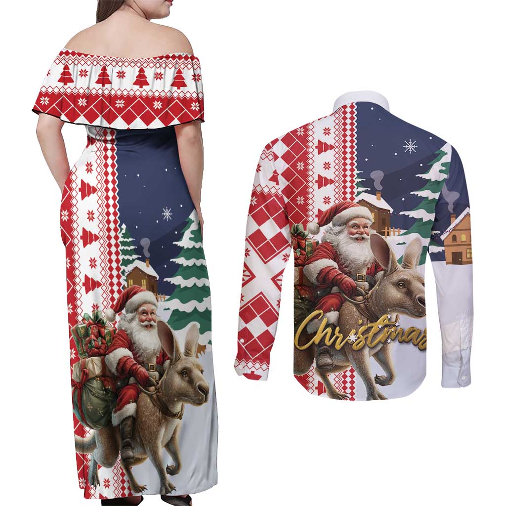 Kangaroo Australia Christmas Couples Matching Off Shoulder Maxi Dress and Long Sleeve Button Shirt Xmas Pattern
