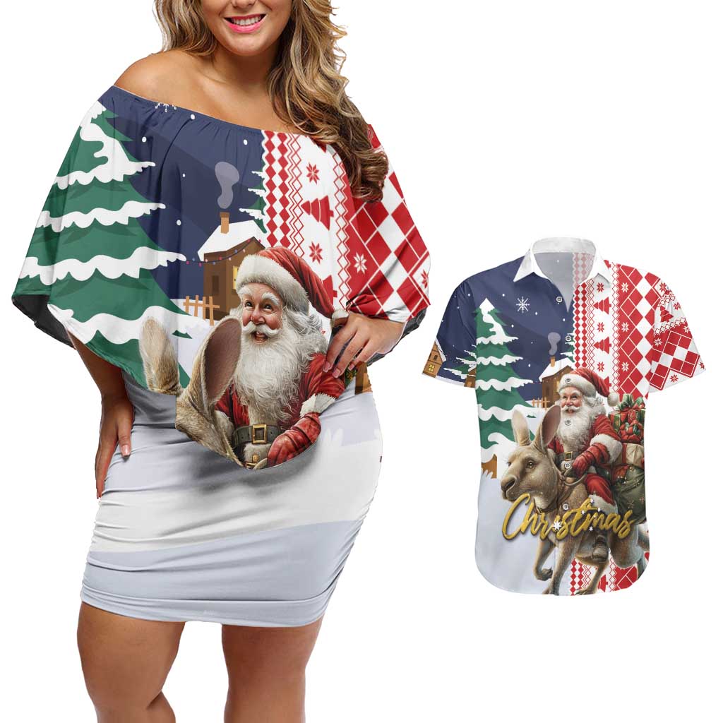 Kangaroo Australia Christmas Couples Matching Off Shoulder Short Dress and Hawaiian Shirt Xmas Pattern