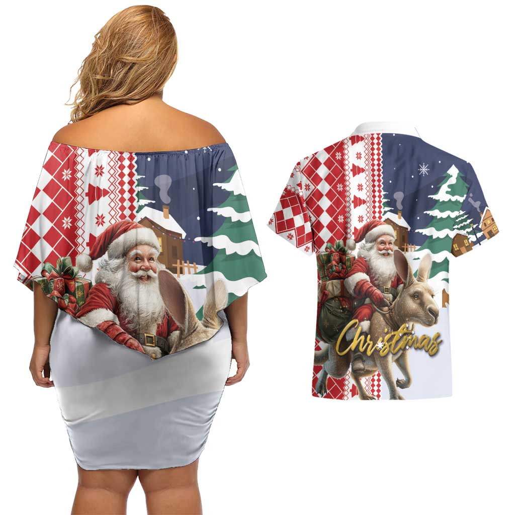 Kangaroo Australia Christmas Couples Matching Off Shoulder Short Dress and Hawaiian Shirt Xmas Pattern