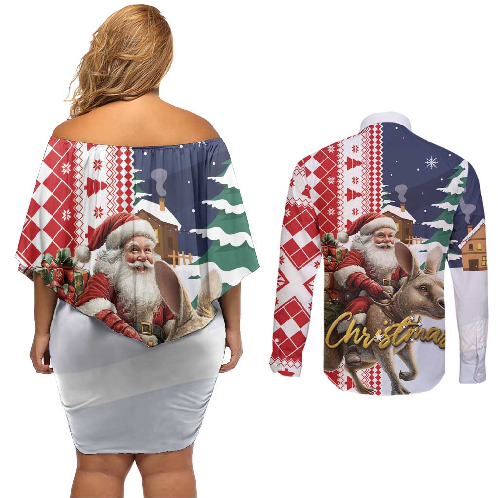 Kangaroo Australia Christmas Couples Matching Off Shoulder Short Dress and Long Sleeve Button Shirt Xmas Pattern