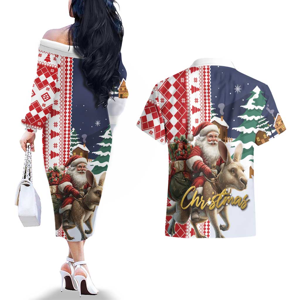 Kangaroo Australia Christmas Couples Matching Off The Shoulder Long Sleeve Dress and Hawaiian Shirt Xmas Pattern