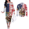 Kangaroo Australia Christmas Couples Matching Off The Shoulder Long Sleeve Dress and Long Sleeve Button Shirt Xmas Pattern