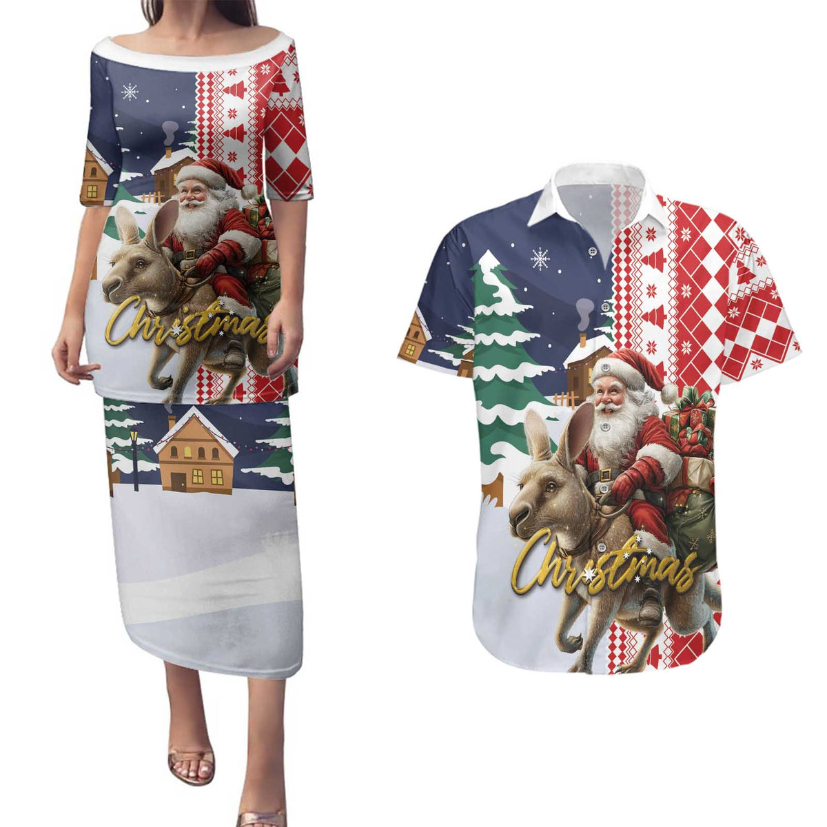 Kangaroo Australia Christmas Couples Matching Puletasi and Hawaiian Shirt Xmas Pattern