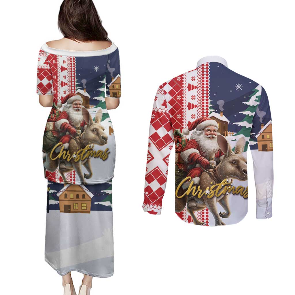Kangaroo Australia Christmas Couples Matching Puletasi and Long Sleeve Button Shirt Xmas Pattern