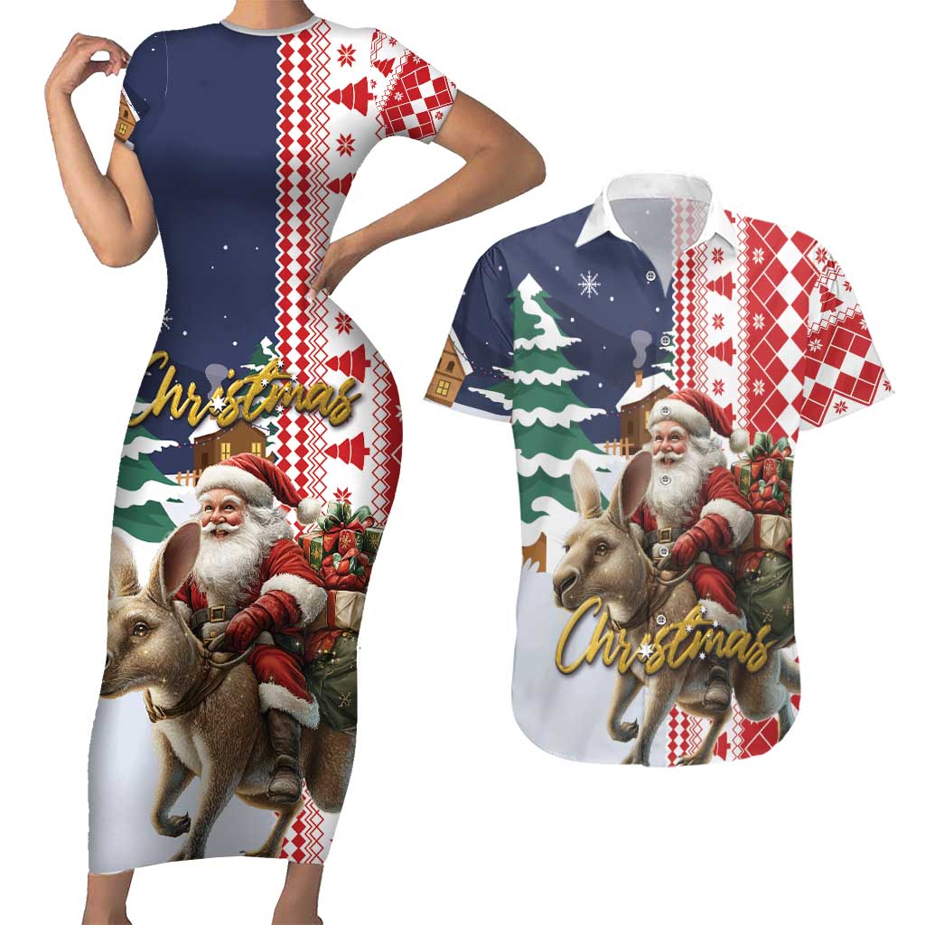 Kangaroo Australia Christmas Couples Matching Short Sleeve Bodycon Dress and Hawaiian Shirt Xmas Pattern