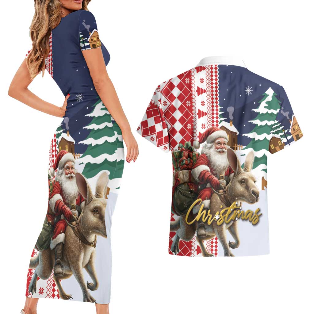 Kangaroo Australia Christmas Couples Matching Short Sleeve Bodycon Dress and Hawaiian Shirt Xmas Pattern