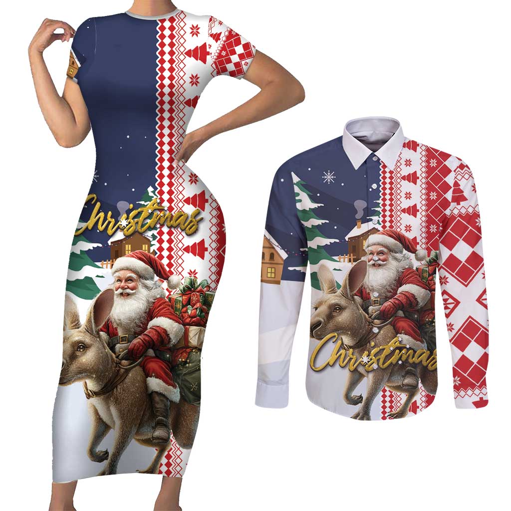 Kangaroo Australia Christmas Couples Matching Short Sleeve Bodycon Dress and Long Sleeve Button Shirt Xmas Pattern