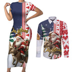 Kangaroo Australia Christmas Couples Matching Short Sleeve Bodycon Dress and Long Sleeve Button Shirt Xmas Pattern