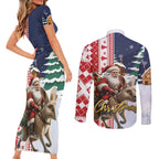 Kangaroo Australia Christmas Couples Matching Short Sleeve Bodycon Dress and Long Sleeve Button Shirt Xmas Pattern