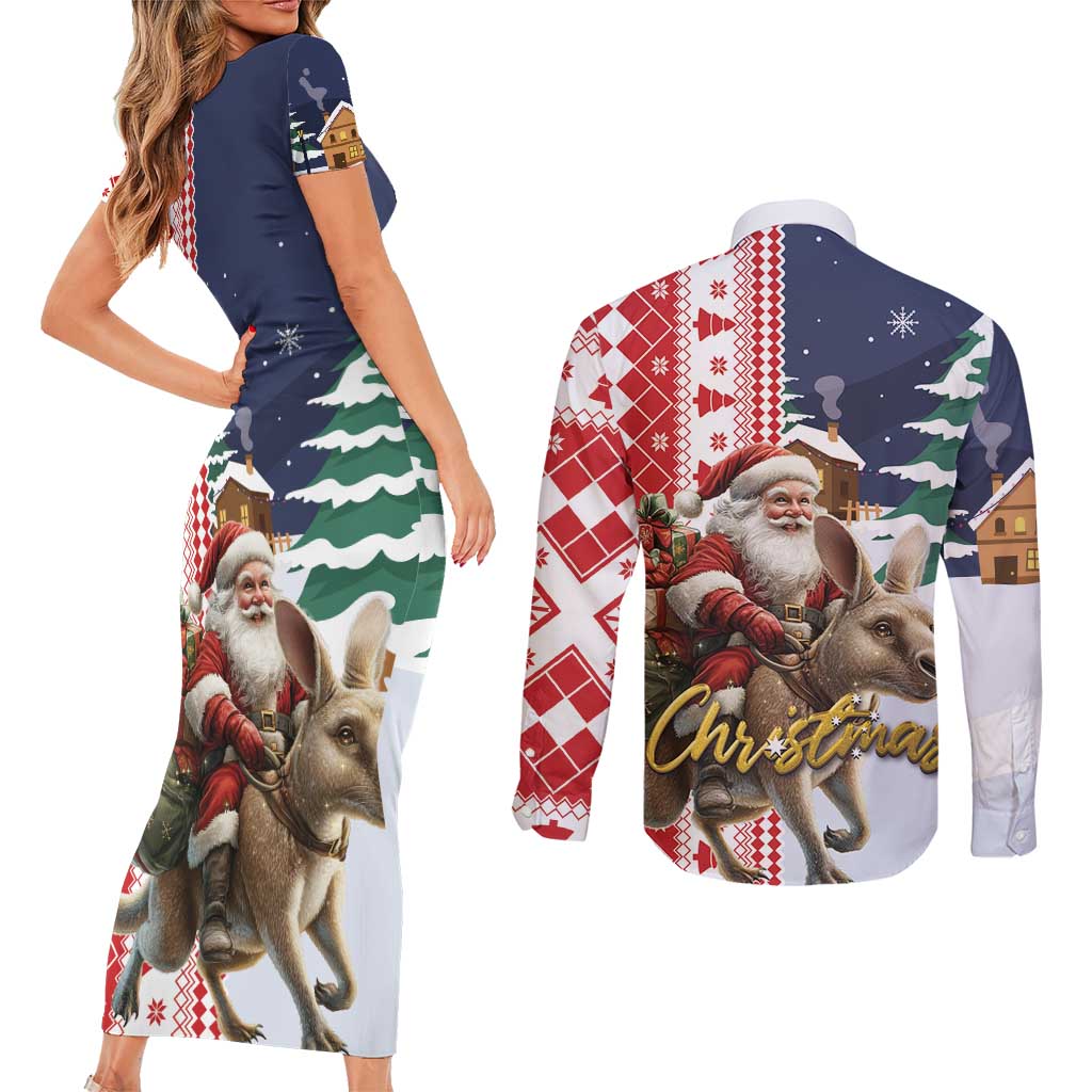 Kangaroo Australia Christmas Couples Matching Short Sleeve Bodycon Dress and Long Sleeve Button Shirt Xmas Pattern