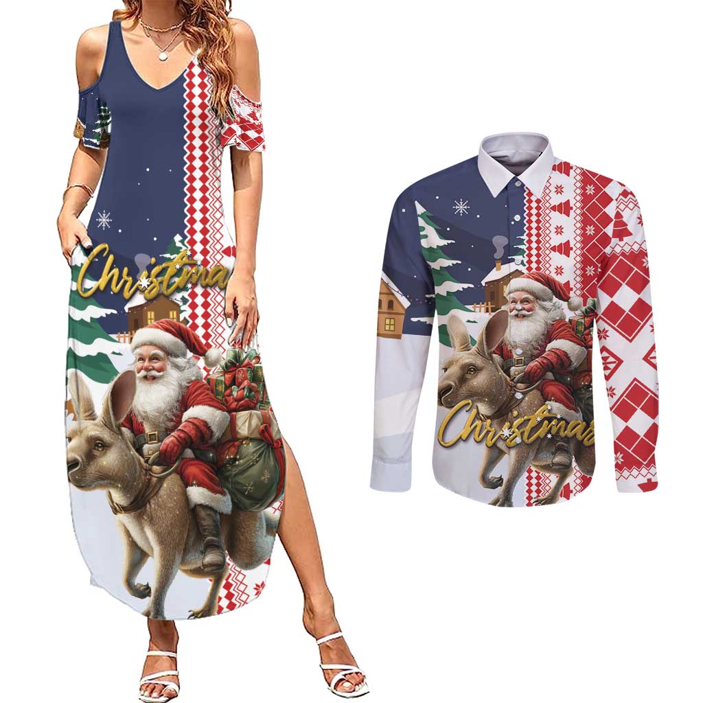 Kangaroo Australia Christmas Couples Matching Summer Maxi Dress and Long Sleeve Button Shirt Xmas Pattern