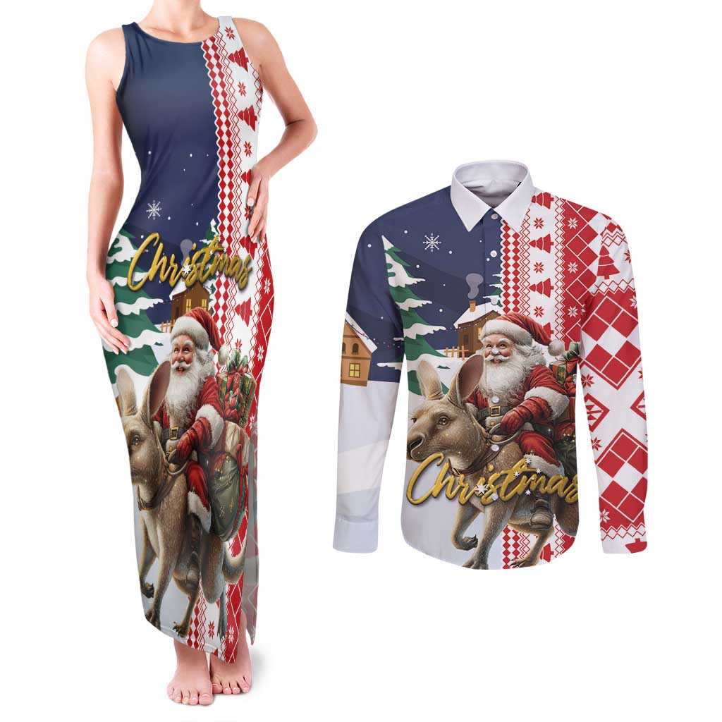 Kangaroo Australia Christmas Couples Matching Tank Maxi Dress and Long Sleeve Button Shirt Xmas Pattern